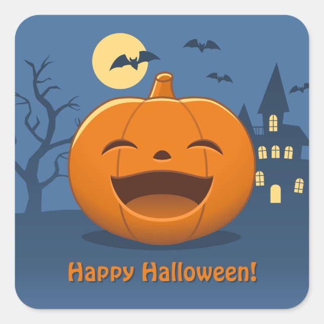 Laughing Halloween Pumpkin Custom Text Square Sticker (Front)