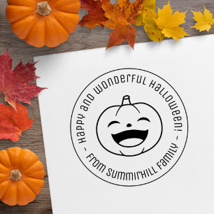 Laughing Halloween Pumpkin Round Message Rubber Stamp
