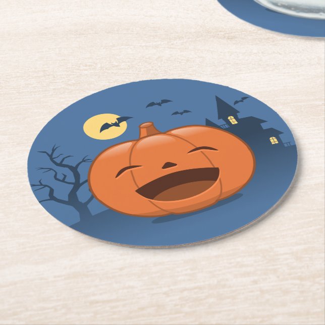 Laughing Halloween Pumpkin Round Paper Coaster (Angled)