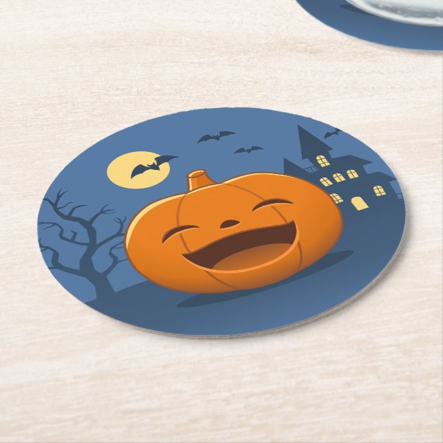 Laughing Halloween Pumpkin Round Paper Coaster (Angled)