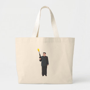 Laughing Kim Jong-un firing a gun into the air Large Tote Bag