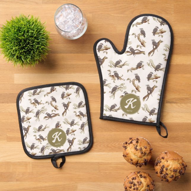 Laughing Kookaburra Australian Eucalyptus Monogram Oven Mitt & Pot Holder Set (Top Down)