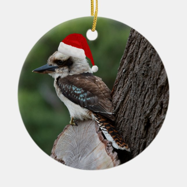 Laughing Kookaburra Bird Christmas Red Santa Hat Ceramic Ornament (Front)