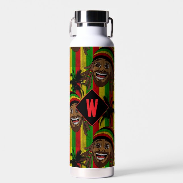 Laughing Rasta Man Striped Monogram Water Bottle (Front)