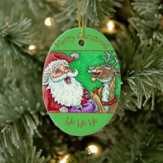 LAUGHING SANTA & REINDEER CHRISTMAS CERAMIC ORNAMENT (Tree)