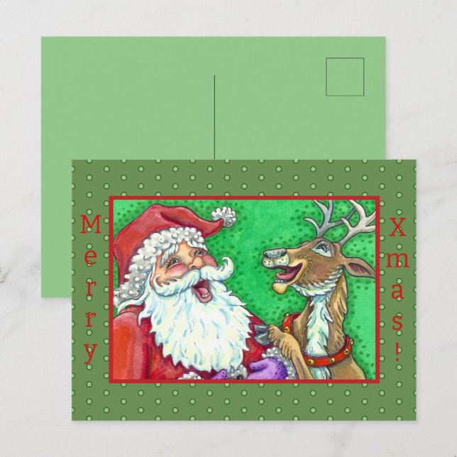 LAUGHING SANTA & REINDEER KNOCK KNOCK JOKES Funny Holiday Postcard (Front/Back)