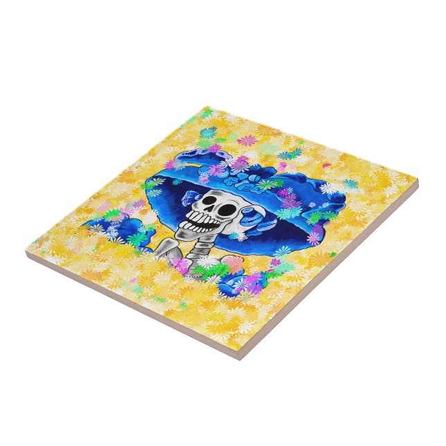 Laughing Skeleton Woman Dia De Los Muertos Ceramic Tile (Side)