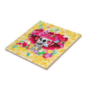 Laughing Skeleton Woman Dia De Los Muertos Ceramic Tile
