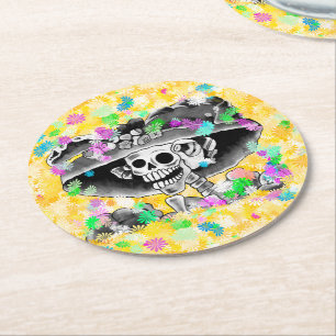 Laughing Skeleton Woman Dia De Los Muertos Round Paper Coaster