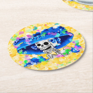 Laughing Skeleton Woman Dia De Los Muertos Round Paper Coaster