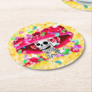 Laughing Skeleton Woman Dia De Los Muertos Round Paper Coaster