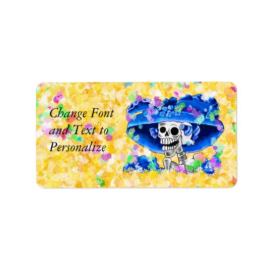 Laughing Skeleton Woman in Blue Bonnet Address Label