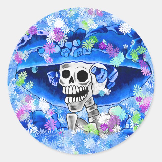 Laughing Skeleton Woman in Blue Bonnet Classic Round Sticker (Front)