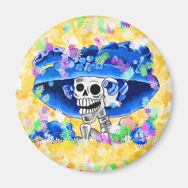 Laughing Skeleton Woman in Blue Bonnet Magnet (Front)