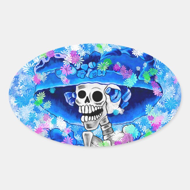 Laughing Skeleton Woman in Blue Bonnet on Blue Oval Sticker (Front)