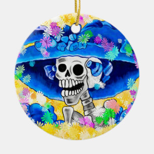 Laughing Skeleton Woman in Blue Bonnet on Yellow Ceramic Ornament