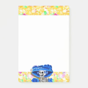 Laughing Skeleton Woman in Blue Bonnet on Yellow Post-it Notes