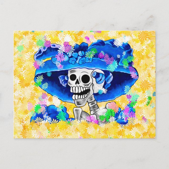 Laughing Skeleton Woman in Blue Bonnet on Yellow Postcard (Front)