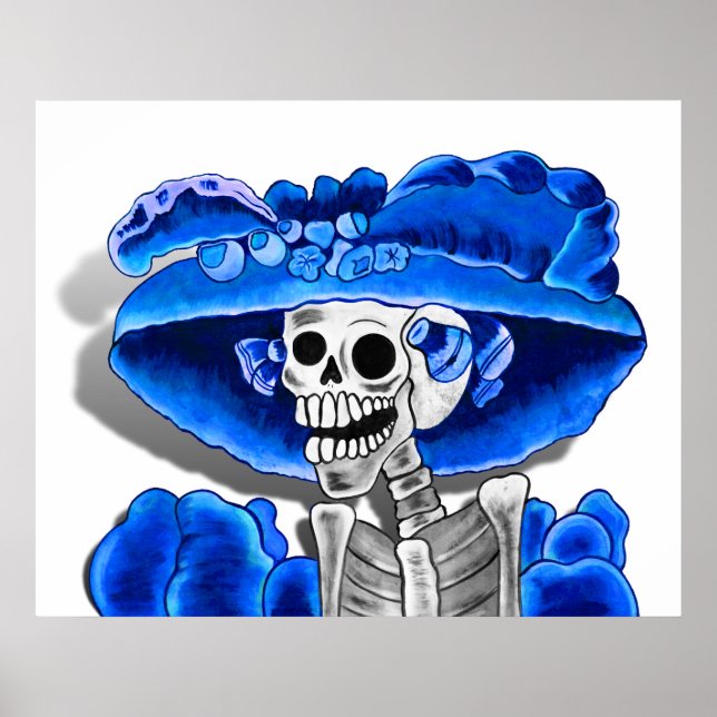 Laughing Skeleton Woman in Blue Bonnet Poster (Front)