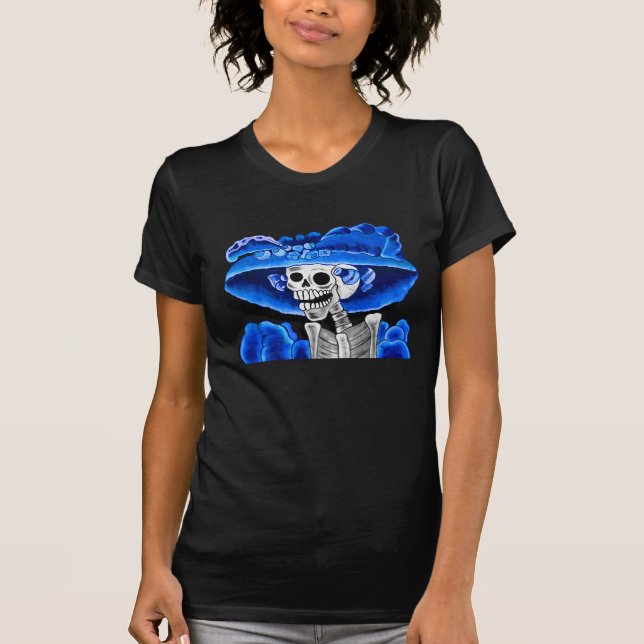 Laughing Skeleton Woman in Blue Bonnet T-Shirt (Front)