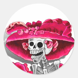 Laughing Skeleton Woman in Red Bonnet Classic Round Sticker