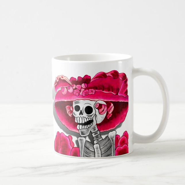 Laughing Skeleton Woman in Red Bonnet Coffee Mug (Right)