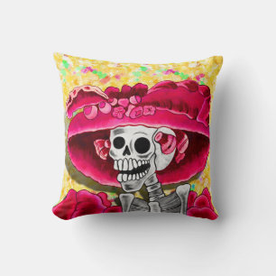 Laughing Skeleton Woman in Red Bonnet Cushion