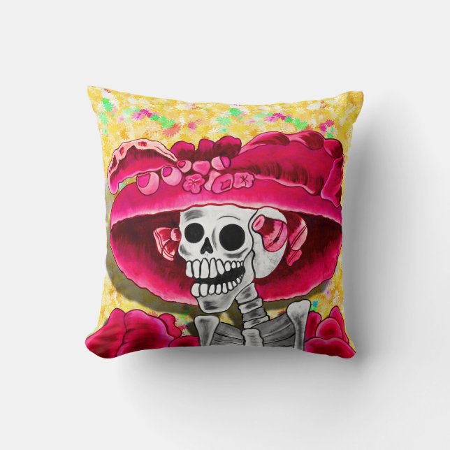 Laughing Skeleton Woman in Red Bonnet Cushion (Front)