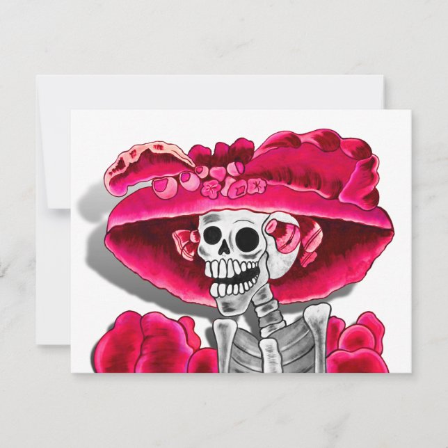 Laughing Skeleton Woman in Red Bonnet Invitation (Front)