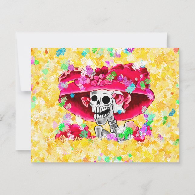 Laughing Skeleton Woman in Red Bonnet Invitation (Front)