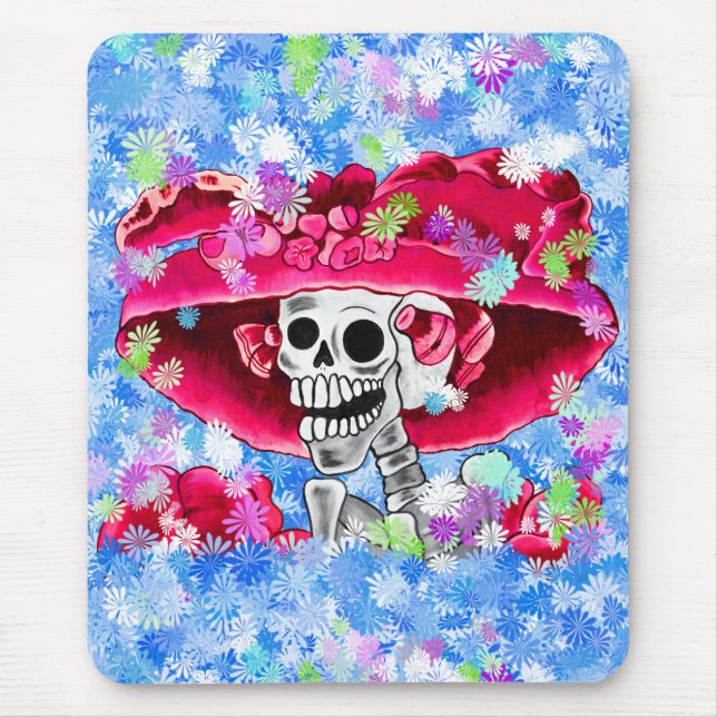 Laughing Skeleton Woman in Red Bonnet Mouse Pad (Front)