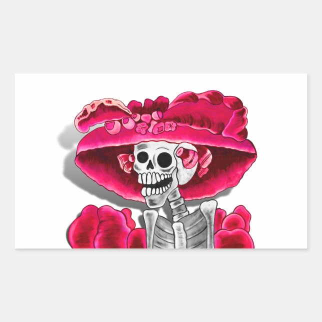 Laughing Skeleton Woman in Red Bonnet Rectangular Sticker (Front)