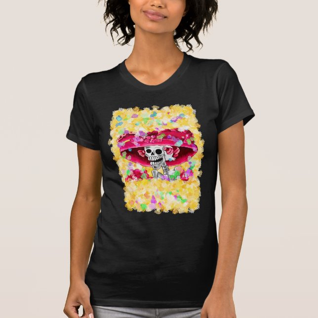 Laughing Skeleton Woman in Red Bonnet T-Shirt (Front)