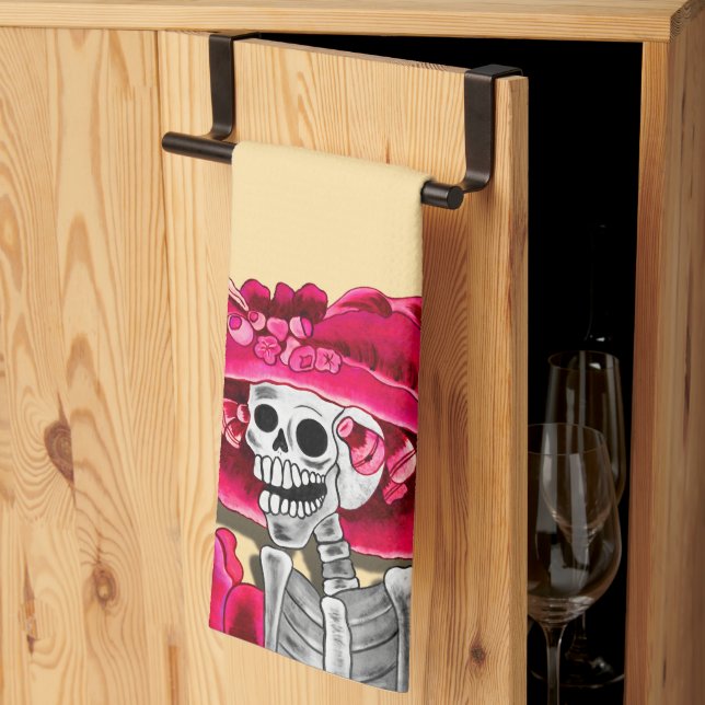 Laughing Skeleton Woman in Red Bonnet Tea Towel (Thirds Fold)