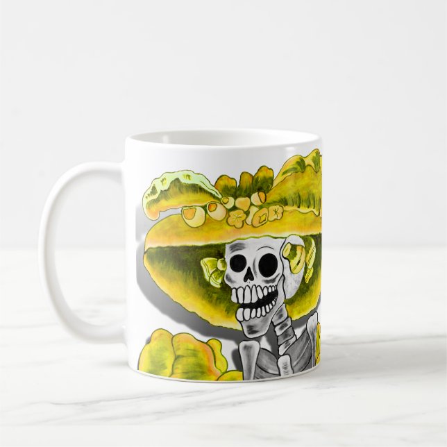 Laughing Skeleton Woman in Yellow Bonnet Coffee Mug (Left)
