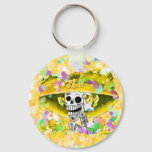 Laughing Skeleton Woman in Yellow Bonnet Key Ring
