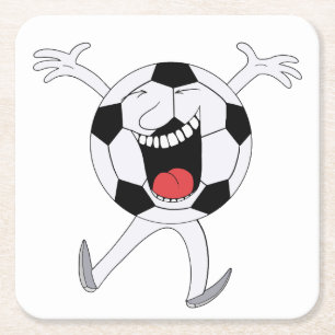 Laughing Soccer Ball Mascot Square Paper Coaster