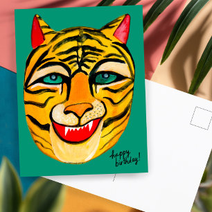 Laughing Tiger Watercolor Happy Birthday Colourful Postcard