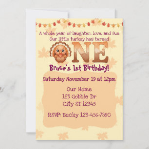 Laughter, Love, Fun, Little Turkey ONE birthday Invitation