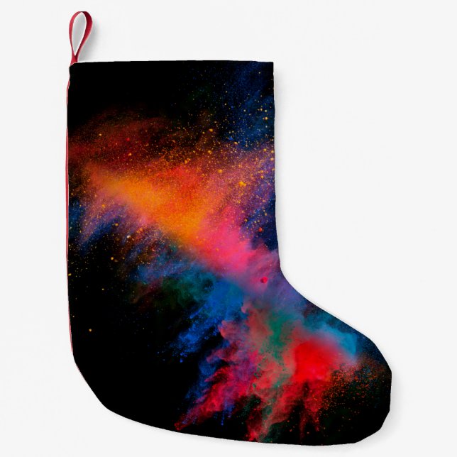 Launched colourful powder on black backgroundcolor small christmas stocking (Front)