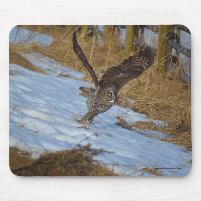 Launching Great Grey Owl and Snow Wildlife Raptor Mouse Pad (Front)