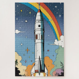 Launching space rocket retro Glossy Poster Jigsaw Puzzle