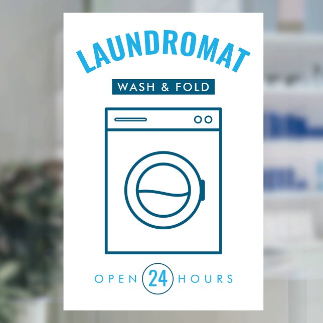 Laundromat 24/7 Wash and Fold Service Blue & White (modern laundromat window cling sign with fully editable text and a washer graphic)