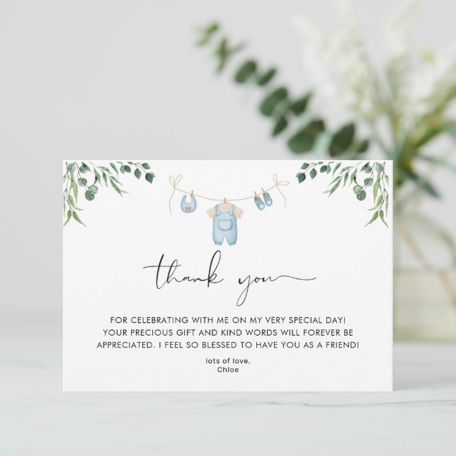 Laundry Blue Greenery Baby Shower  Thank You Card (Standing Front)
