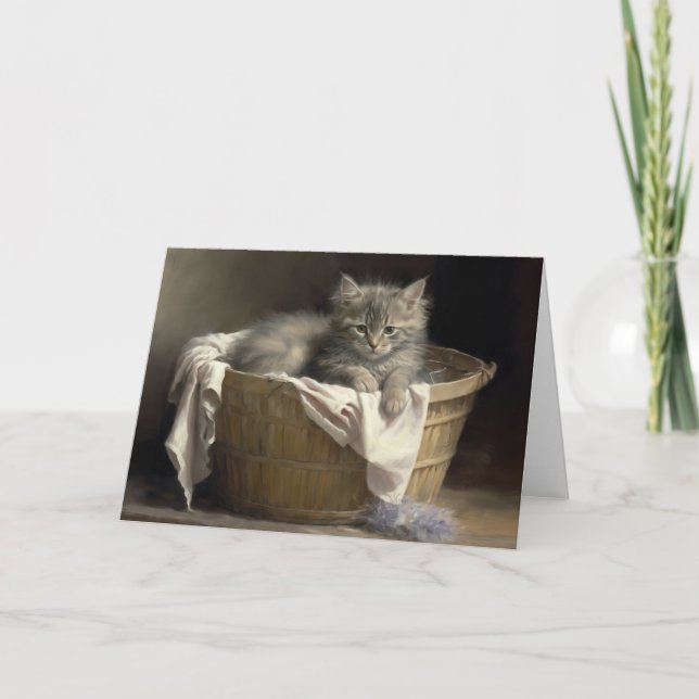 Laundry Or Playtime Grey Kitten Portrait Card (Front)