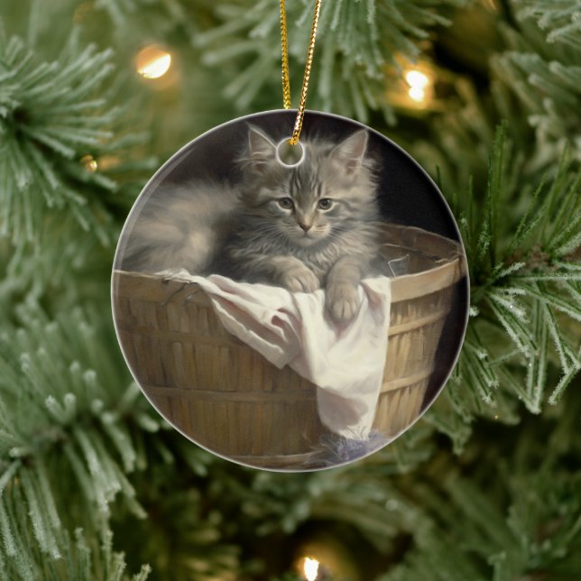 Laundry Or Playtime Grey Kitten Portrait Ceramic Ornament (Tree)