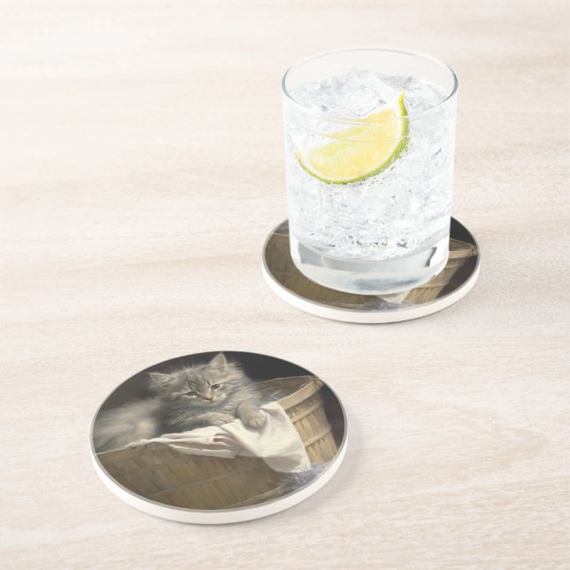 Laundry Or Playtime Grey Kitten Portrait Coaster (Side)