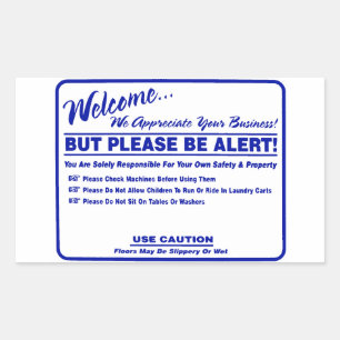 'Laundry Rules Alert' Laundromat Overlay Blue Rectangular Sticker