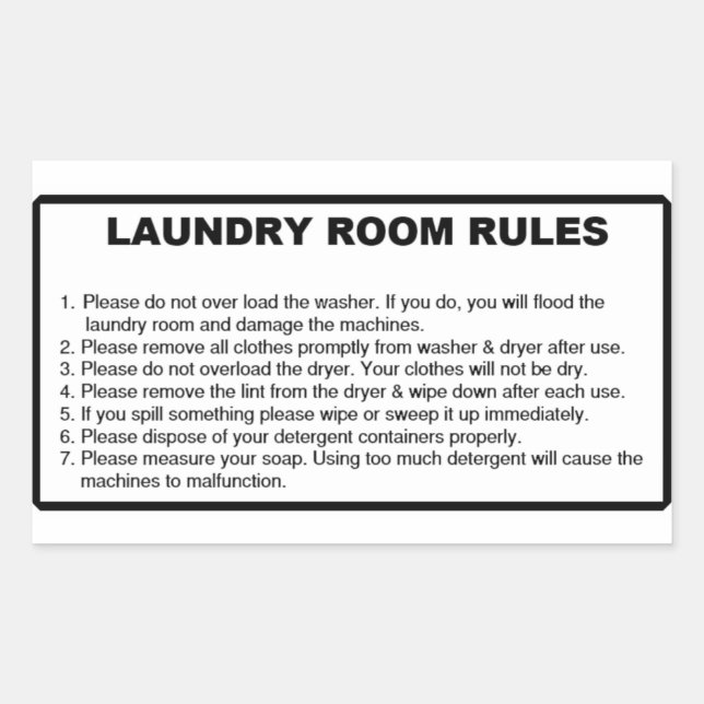 'Laundry Rules' Laundromat Overlay Black Rectangular Sticker (Front)