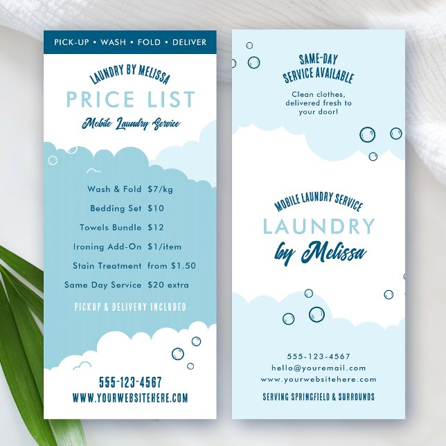 Laundry Service Dry Cleaner Price List Blue White Rack Card (Trendy blue and white laundry service pricing menu with fully editable text and colors)